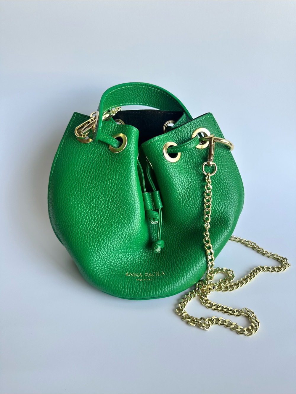 Anna Paola Green Leather Drawstring Crossbody & Bucket Bag with Gold Chain